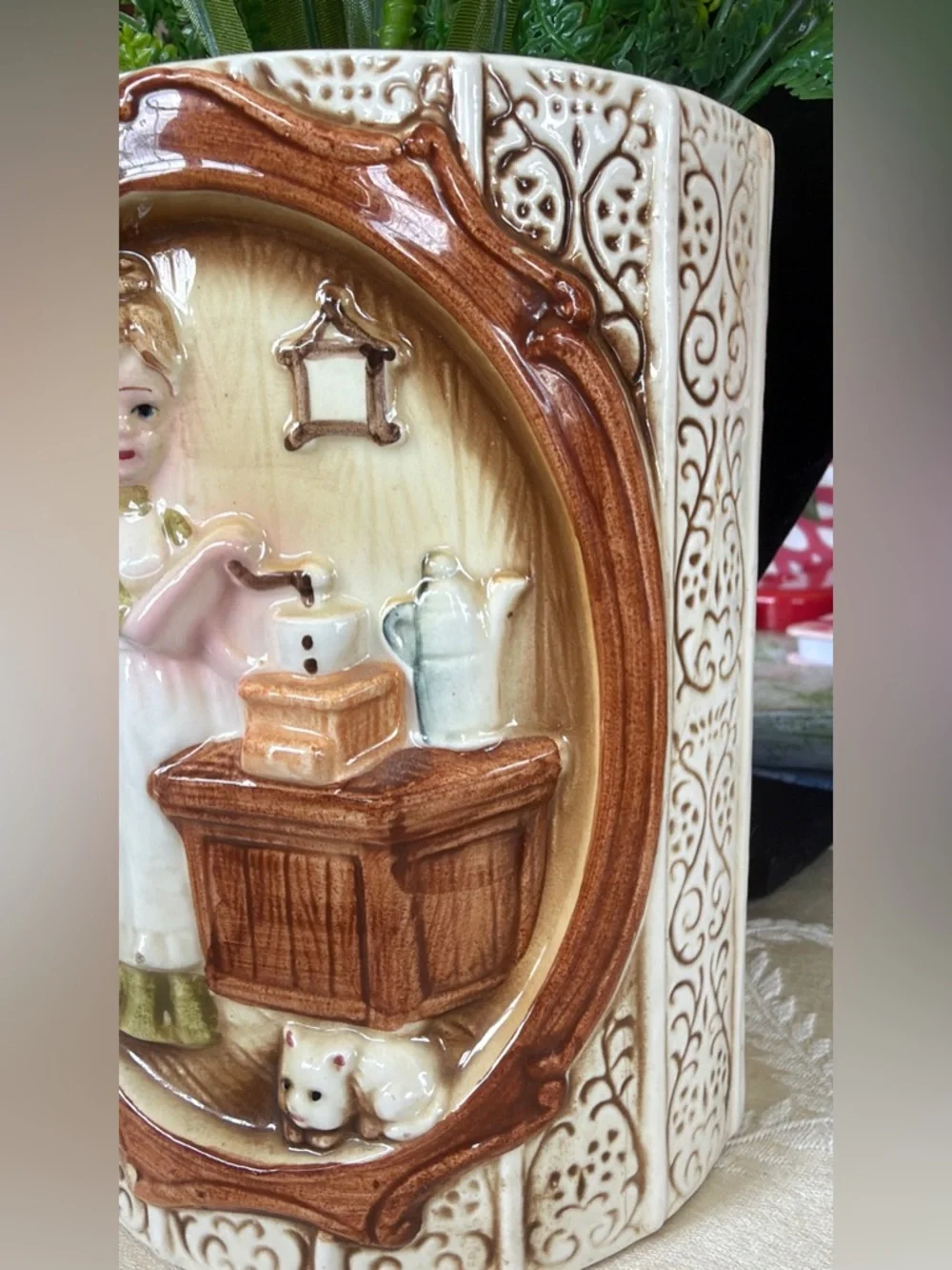 Vintage Decorative Ceramic Canister / Lady in Kitchen Scene 1978